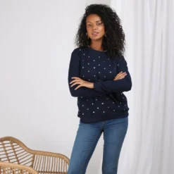 3S. x Le VestiaireSweat poches latérales coeurs adhésifs femme - Bleu Marine en coton