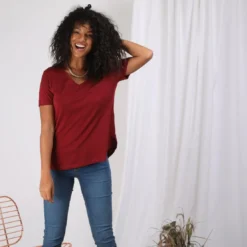 3S. x Le VestiaireTee-shirt col V manches courtes bas arrondi femme - Rouge Grenat en coton