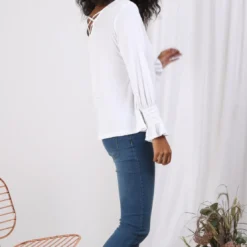 3S. x Le VestiaireTee-shirt dos en V lanières croisées manches longues nid d'abeille femme - Blanc