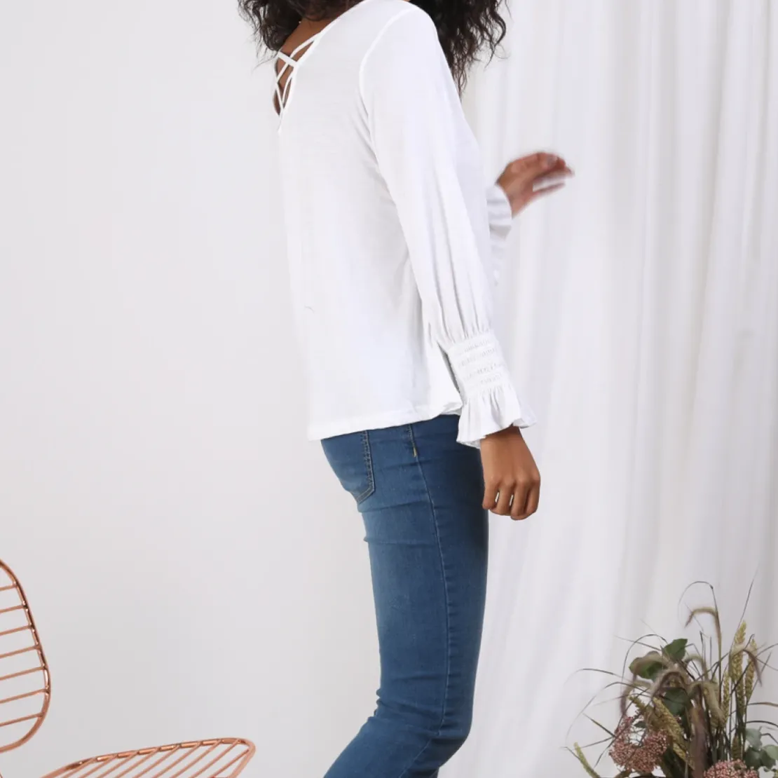3S. x Le VestiaireTee-shirt dos en V lanières croisées manches longues nid d'abeille femme - Blanc