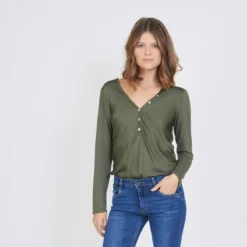 3S. x Le VestiaireTee-shirt manches longues mélange soie Jil kaki
