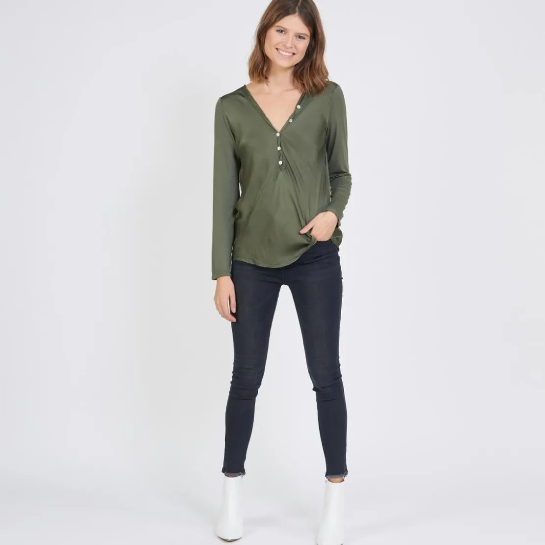 3S. x Le VestiaireTee-shirt manches longues mélange soie Jil kaki