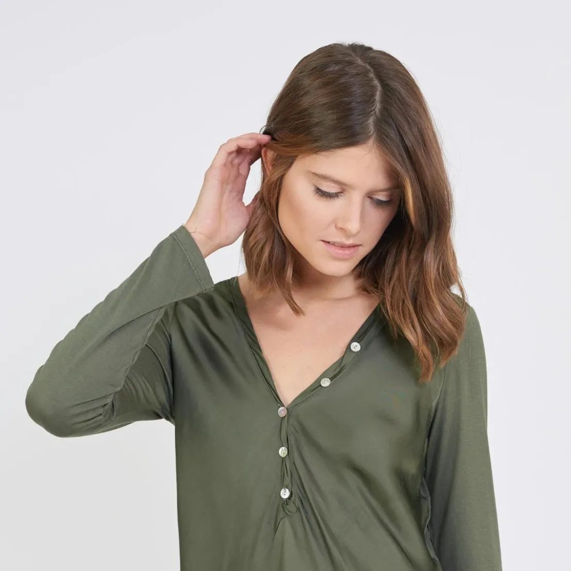 3S. x Le VestiaireTee-shirt manches longues mélange soie Jil kaki