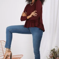 3S. x Le VestiaireTee-shirt manches longues volant guipure femme 3 SUISSES COLLECTION lie de vin en viscose