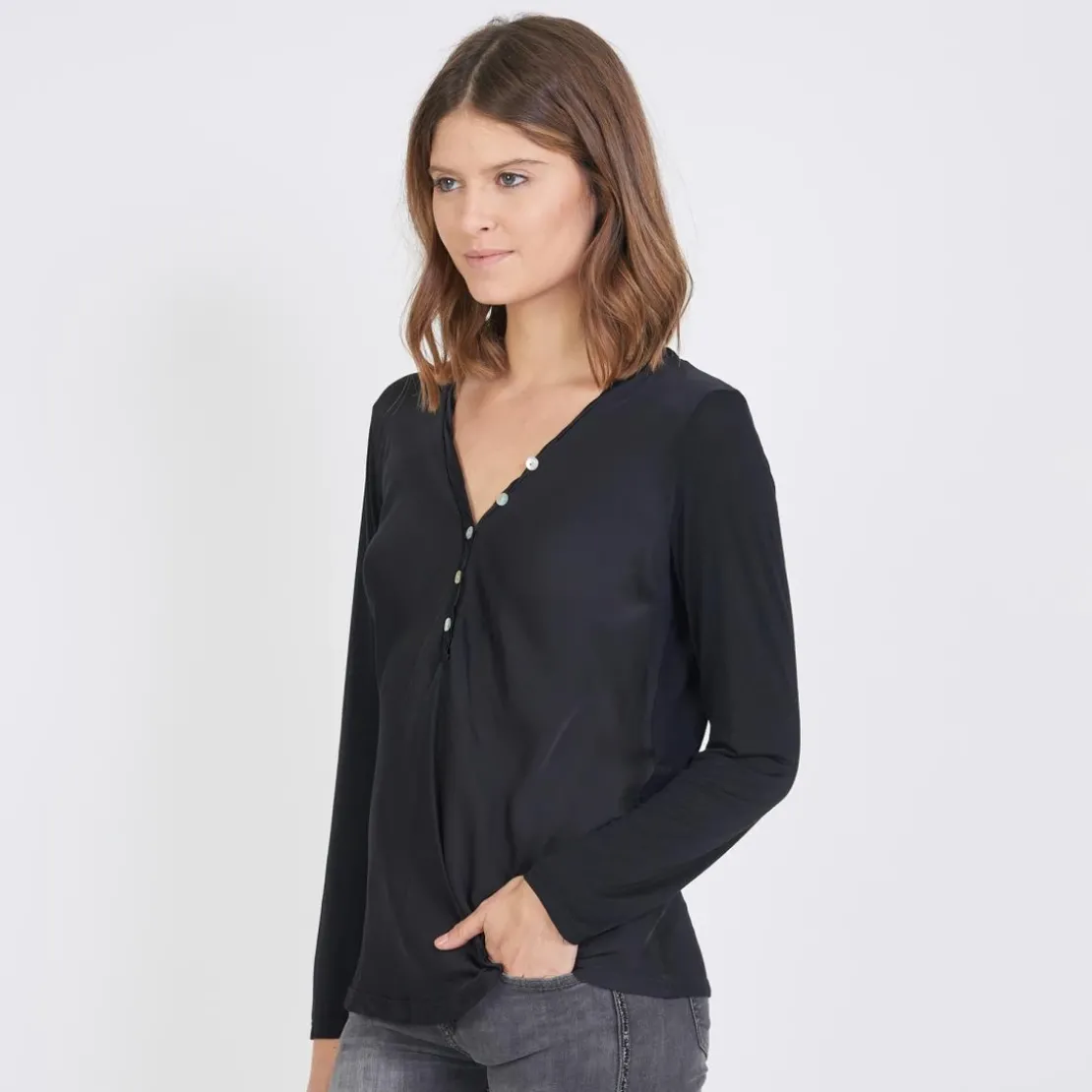 3S. x Le VestiaireTee-shirt manches longues mélange soie Jil noir