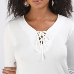 3S. x Le VestiaireTee-shirt évasé col V avec cordon manches longues femme - écru blanc en coton
