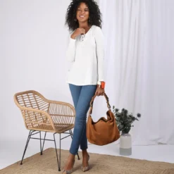 3S. x Le VestiaireTee-shirt évasé col V avec cordon manches longues femme - écru blanc en coton