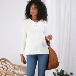 3S. x Le VestiaireTee-shirt évasé col V avec cordon manches longues femme - écru blanc en coton