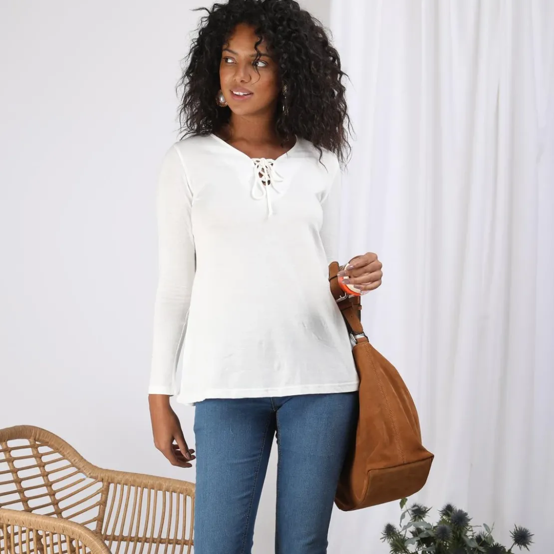 3S. x Le VestiaireTee-shirt évasé col V avec cordon manches longues femme - écru blanc en coton