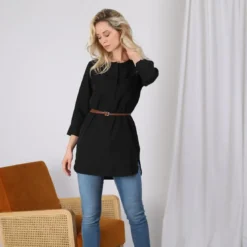 3S. x Le VestiaireTunique unie asymétrique manches 3/4 et ceinture femme - Noir