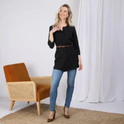 3S. x Le VestiaireTunique unie asymétrique manches 3/4 et ceinture femme - Noir