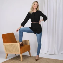 3S. x Le VestiaireTunique unie asymétrique manches 3/4 et ceinture femme - Noir