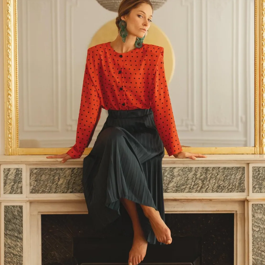 3S. x RééditionChemisier à pois Luna orange en viscose