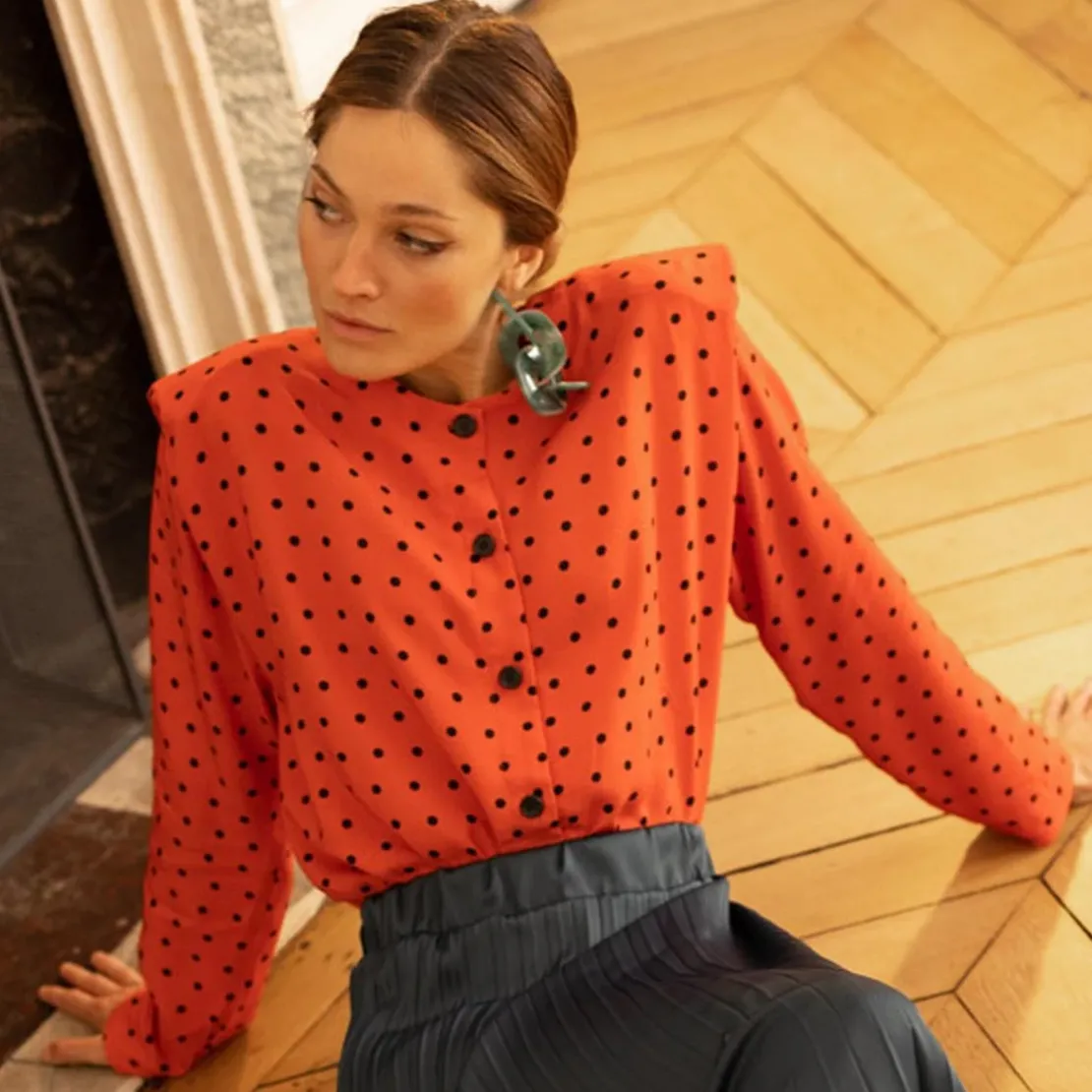 3S. x RééditionChemisier à pois Luna orange en viscose