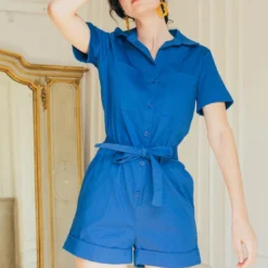 3S. x RééditionCombishort saharienne Camelia Réédition bleu en coton