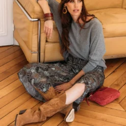 3S. x RééditionJupe longue imprimée jungle Amy gris en viscose