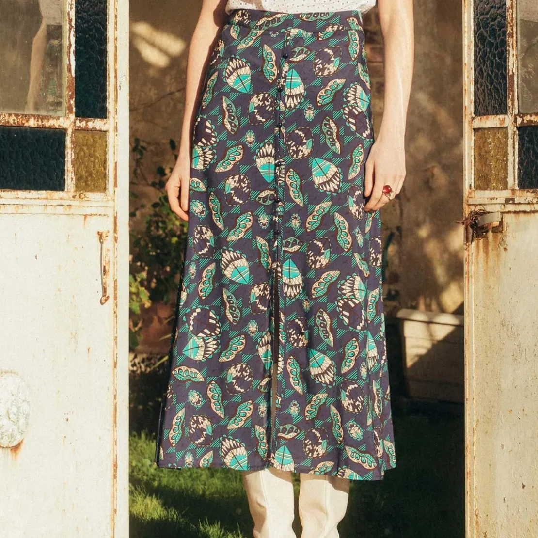 3S. x RééditionJupe mi-longue boutonnée Caly Réédition bleu en viscose