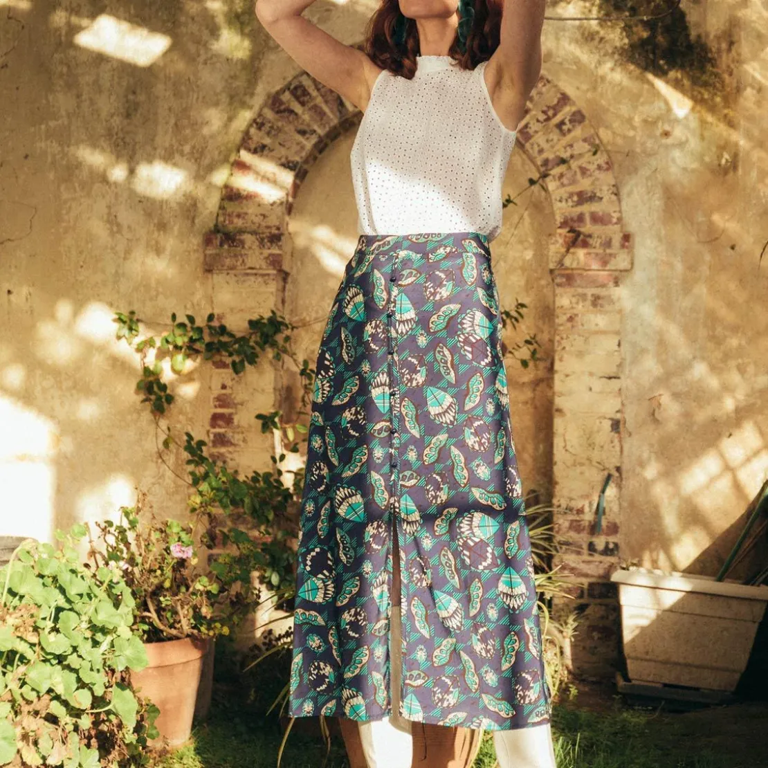 3S. x RééditionJupe mi-longue boutonnée Caly Réédition bleu en viscose