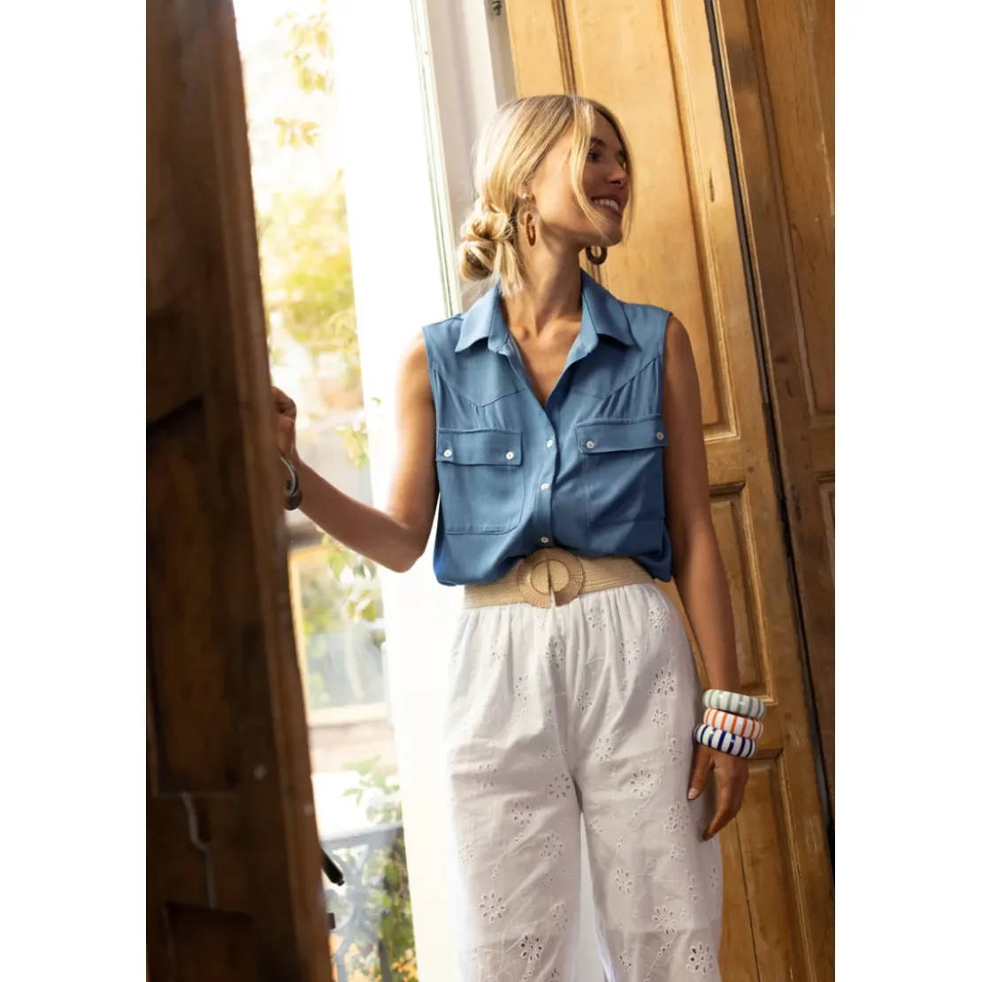 3S. x RééditionPantalon Clarisse blanc en coton