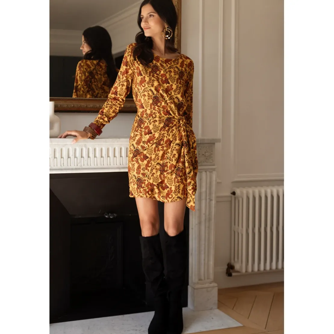 3S. x RééditionRobe courte imprimée toile de jouy - Valéria jaune en viscose