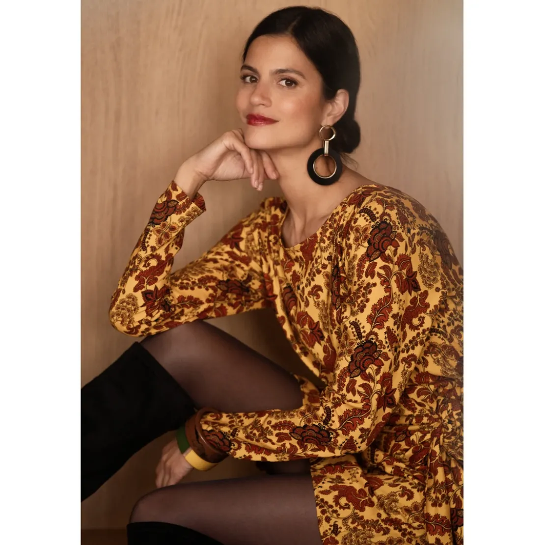 3S. x RééditionRobe courte imprimée toile de jouy - Valéria jaune en viscose