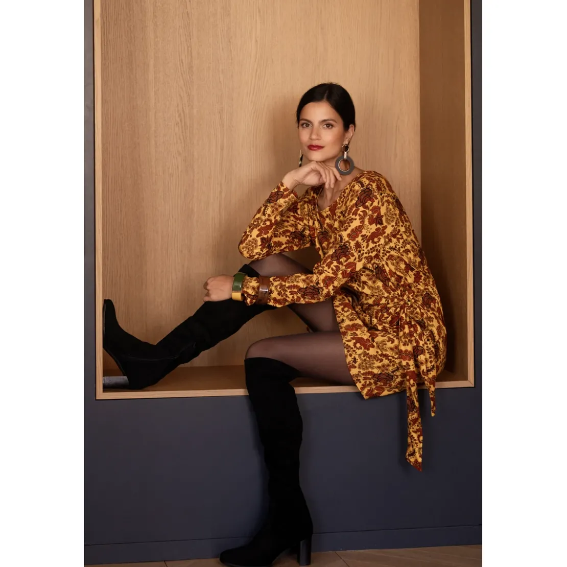 3S. x RééditionRobe courte imprimée toile de jouy - Valéria jaune en viscose