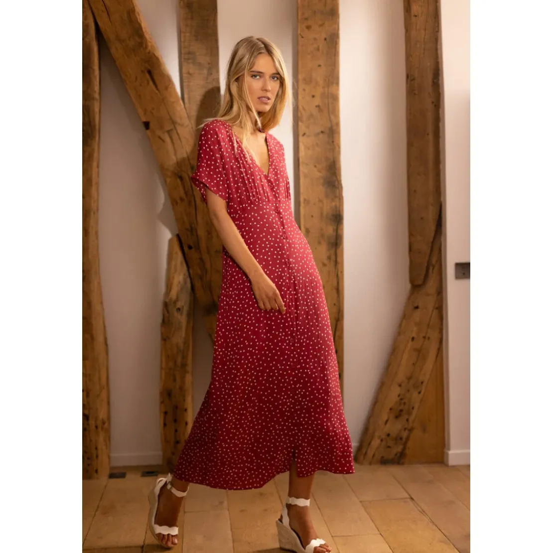 3S. x RééditionRobe longue boutonnée à pois Lila Réédition bordeaux en viscose