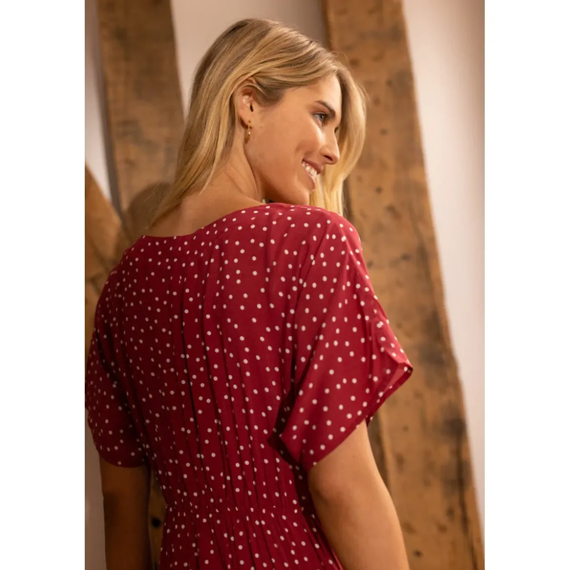 3S. x RééditionRobe longue boutonnée à pois Lila Réédition bordeaux en viscose