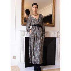 3S. x RééditionRobe longue imprimée jungle Nancy gris en viscose