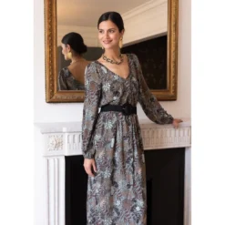 3S. x RééditionRobe longue imprimée jungle Nancy gris en viscose