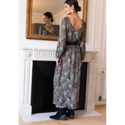 3S. x RééditionRobe longue imprimée jungle Nancy gris en viscose