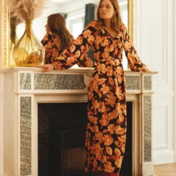 3S. x RééditionRobe longue imprimée Nancy orange en viscose
