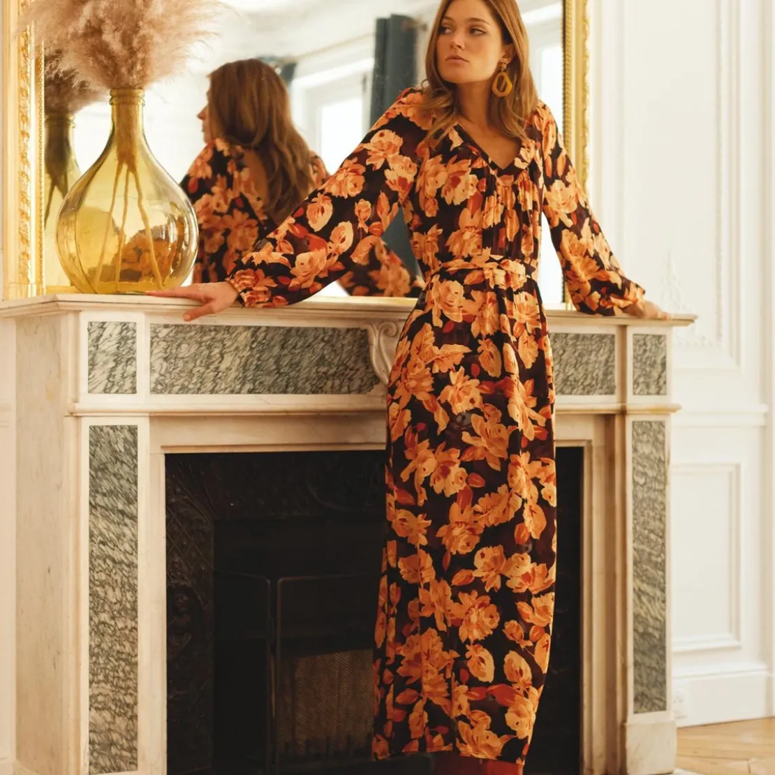 3S. x RééditionRobe longue imprimée Nancy orange en viscose