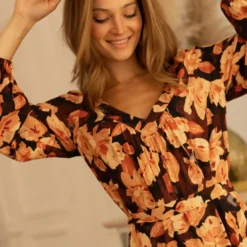 3S. x RééditionRobe longue imprimée Nancy orange en viscose