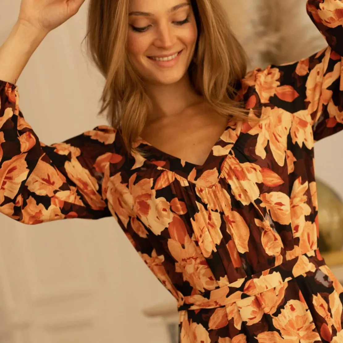 3S. x RééditionRobe longue imprimée Nancy orange en viscose