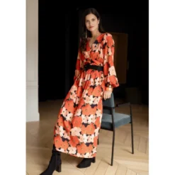 3S. x RééditionRobe longue imprimée coquelicat - Capucine rouge en viscose