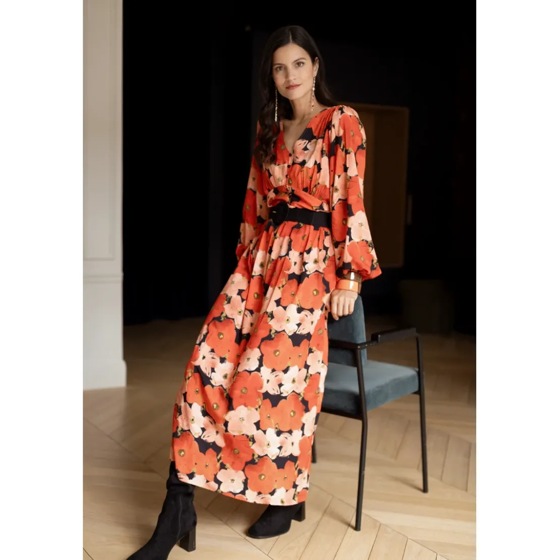 3S. x RééditionRobe longue imprimée coquelicat - Capucine rouge en viscose