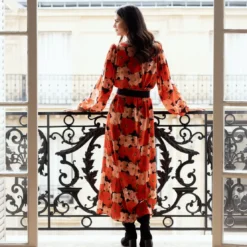 3S. x RééditionRobe longue imprimée coquelicat - Capucine rouge en viscose
