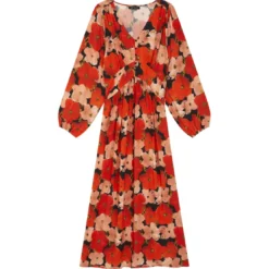3S. x RééditionRobe longue imprimée coquelicat - Capucine rouge en viscose