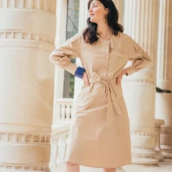 3S. x RééditionRobe manches longues ceinturée en popeline beige Dali Réédition