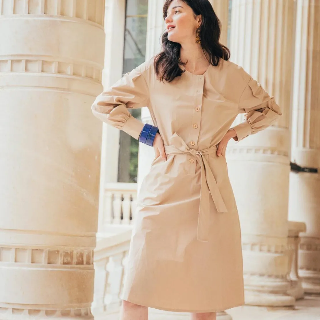 3S. x RééditionRobe manches longues ceinturée en popeline beige Dali Réédition