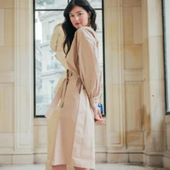 3S. x RééditionRobe manches longues ceinturée en popeline beige Dali Réédition