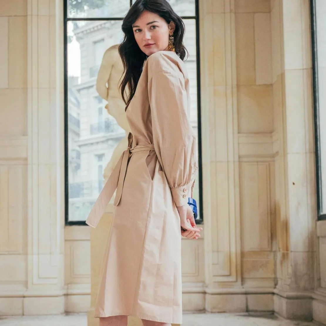 3S. x RééditionRobe manches longues ceinturée en popeline beige Dali Réédition
