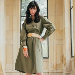 3S. x RééditionRobe manches longues ceinturée en popeline kaki Dali Réédition