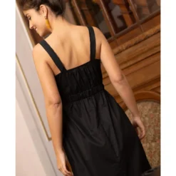 3S. x RééditionRobe midi avec broderie Sandra noir en coton