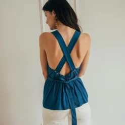 3S. x RééditionTop dos croisé en viscose Valentin Réédition bleu ciel