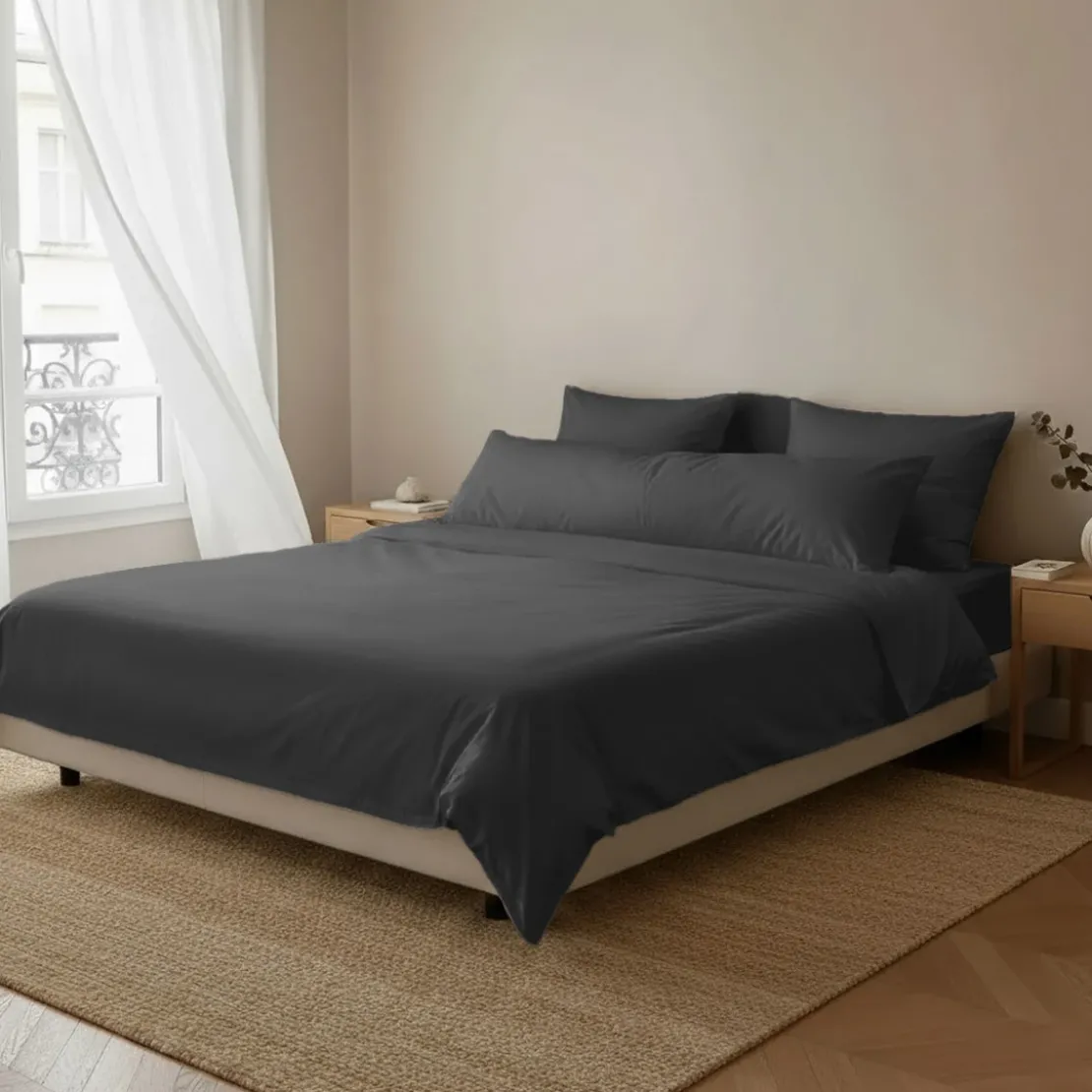 3S. x SignatureTaie d'oreiller ou taie de traversin Luxe Percale de coton Bio - Gris Anthracite - Basalte
