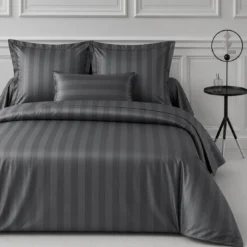 3S. x TertioDrap housse grand bonnet Satin de coton rayé - Gris - Anthracite
