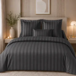 3S. x TertioDrap Housse satin de Coton rayé - Gris - Anthracite