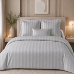 3S. x TertioDrap Housse satin de Coton rayé - Gris - Perle